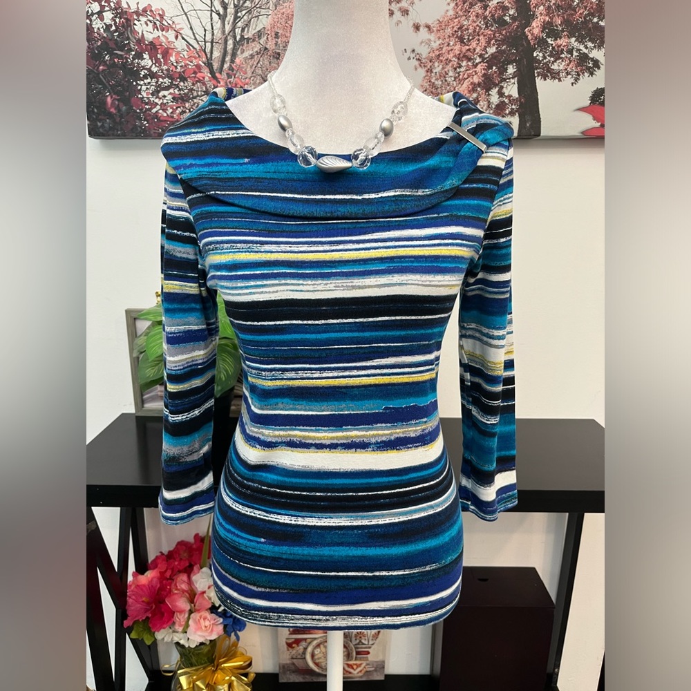 Rafaella Women’s Top Blouse Fold-Over Boatneck Size S  Long Sleeve Striped